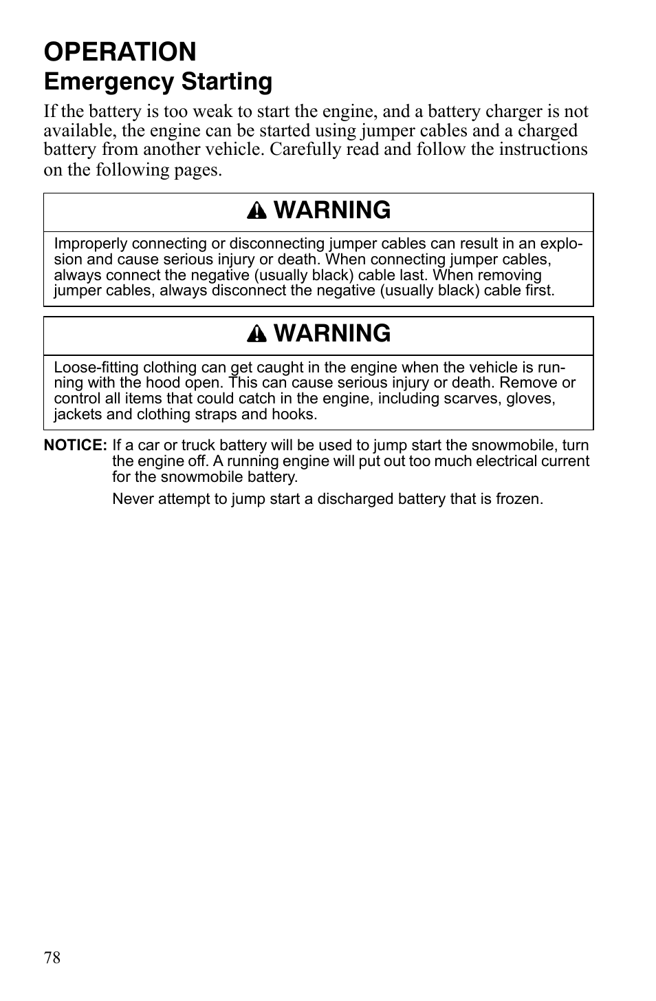Operation, Emergency starting, Warning | Polaris FS IQ Touring User Manual | Page 81 / 165
