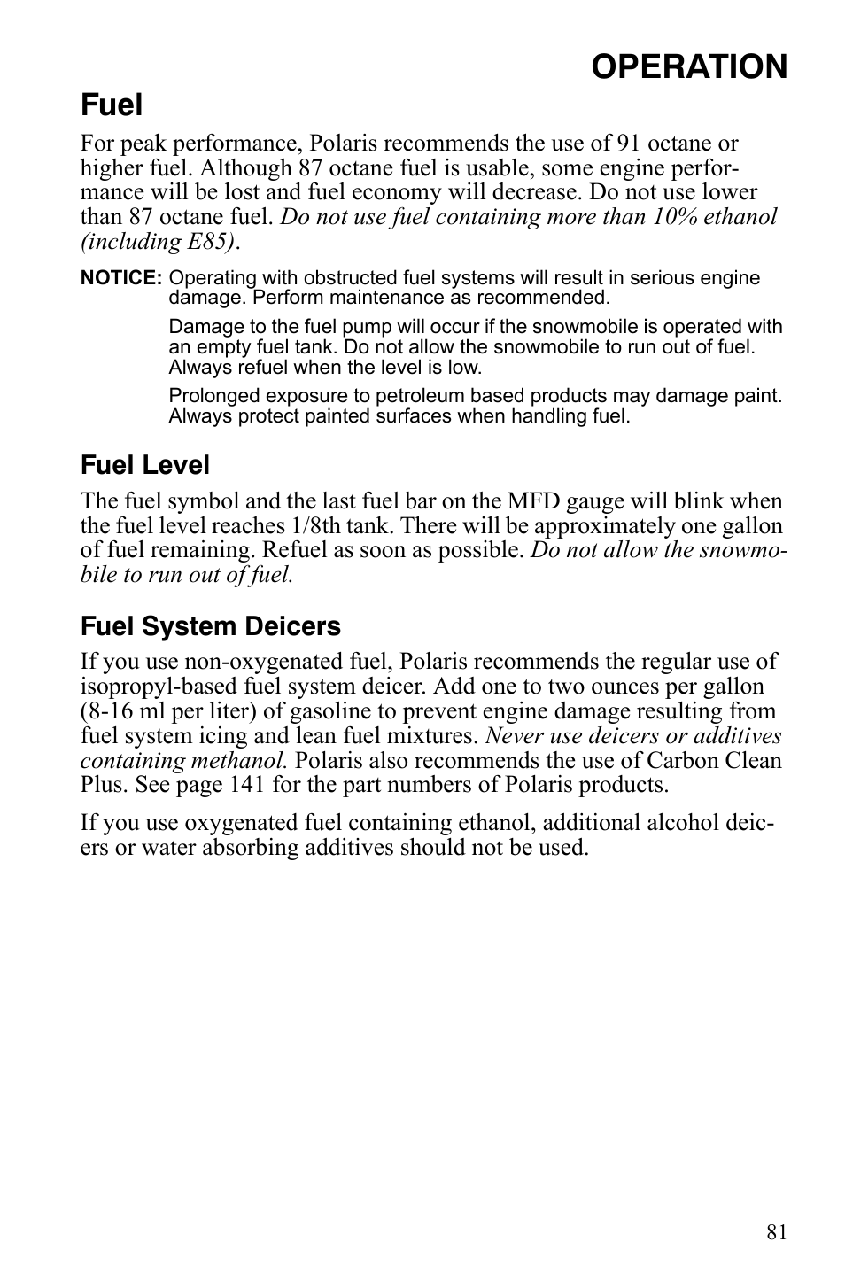Operation, Fuel | Polaris FS IQ Touring User Manual | Page 84 / 165