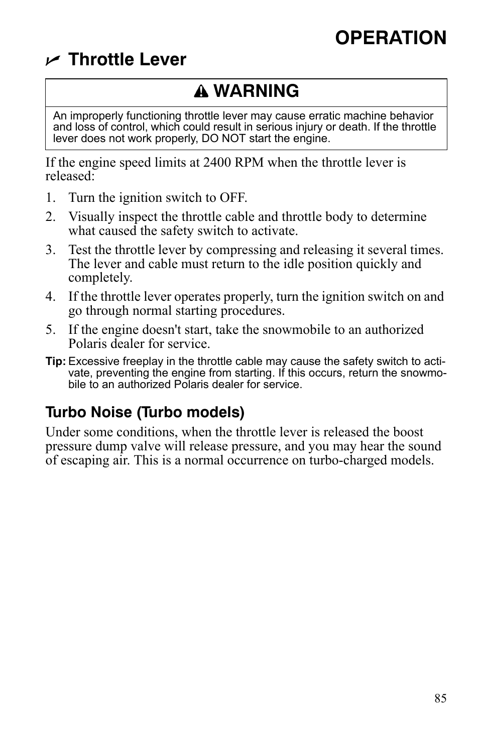 Operation, Throttle lever, Warning | Polaris FS IQ Touring User Manual | Page 88 / 165