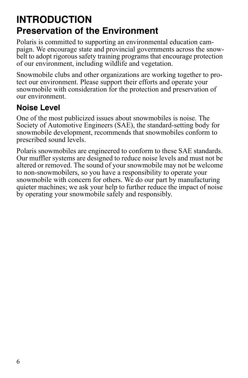 Introduction, Preservation of the environment | Polaris FS IQ Touring User Manual | Page 9 / 165
