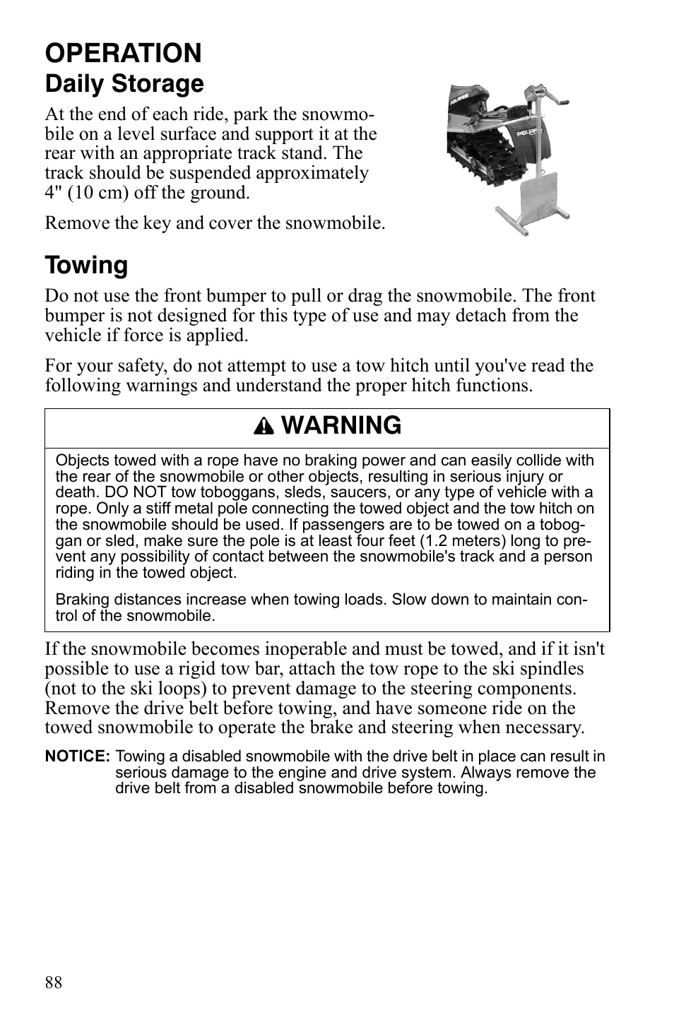 Operation, Daily storage, Towing | Warning | Polaris FS IQ Touring User Manual | Page 91 / 165