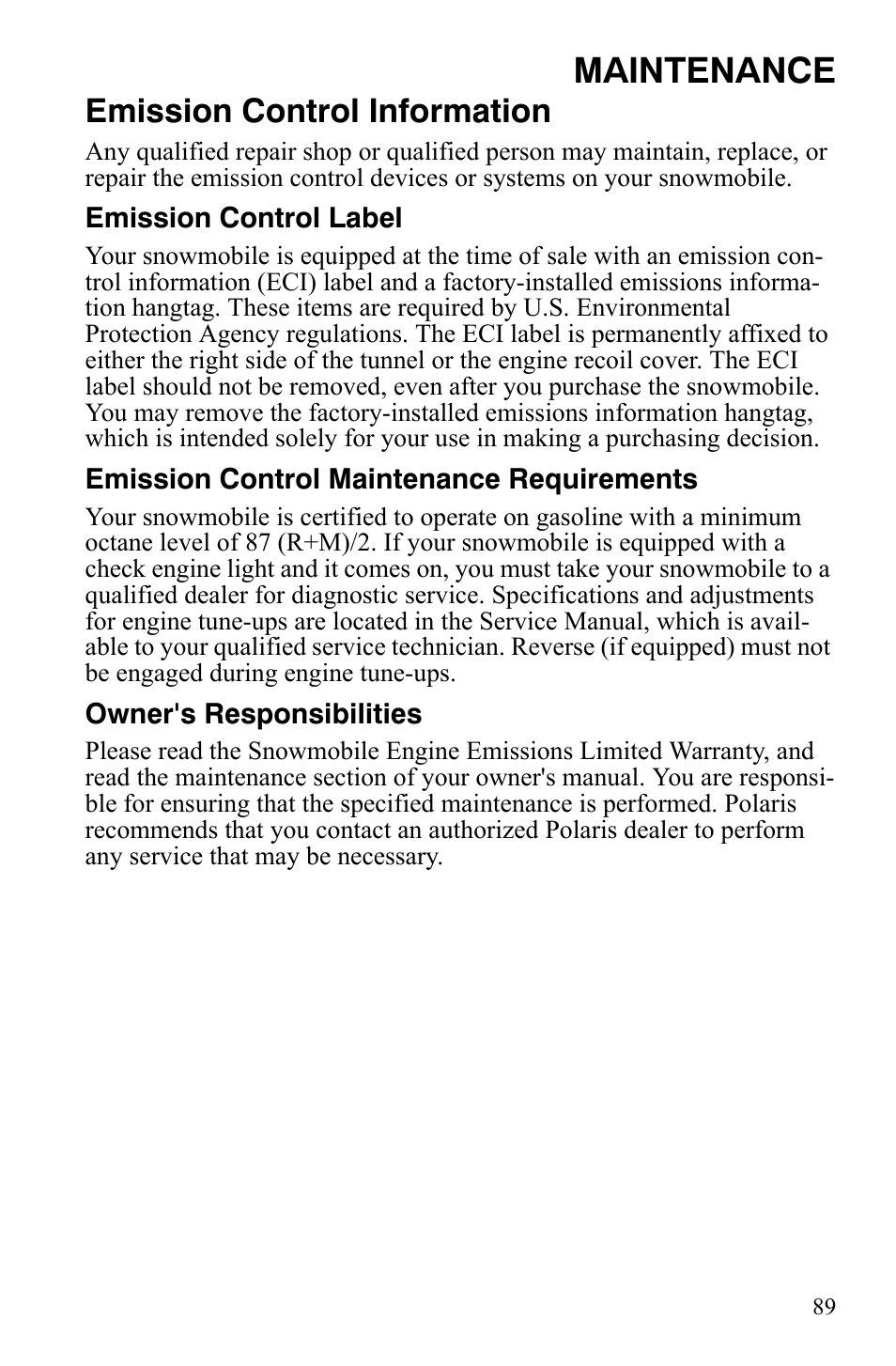 Maintenance, Emission control information | Polaris FS IQ Touring User Manual | Page 92 / 165
