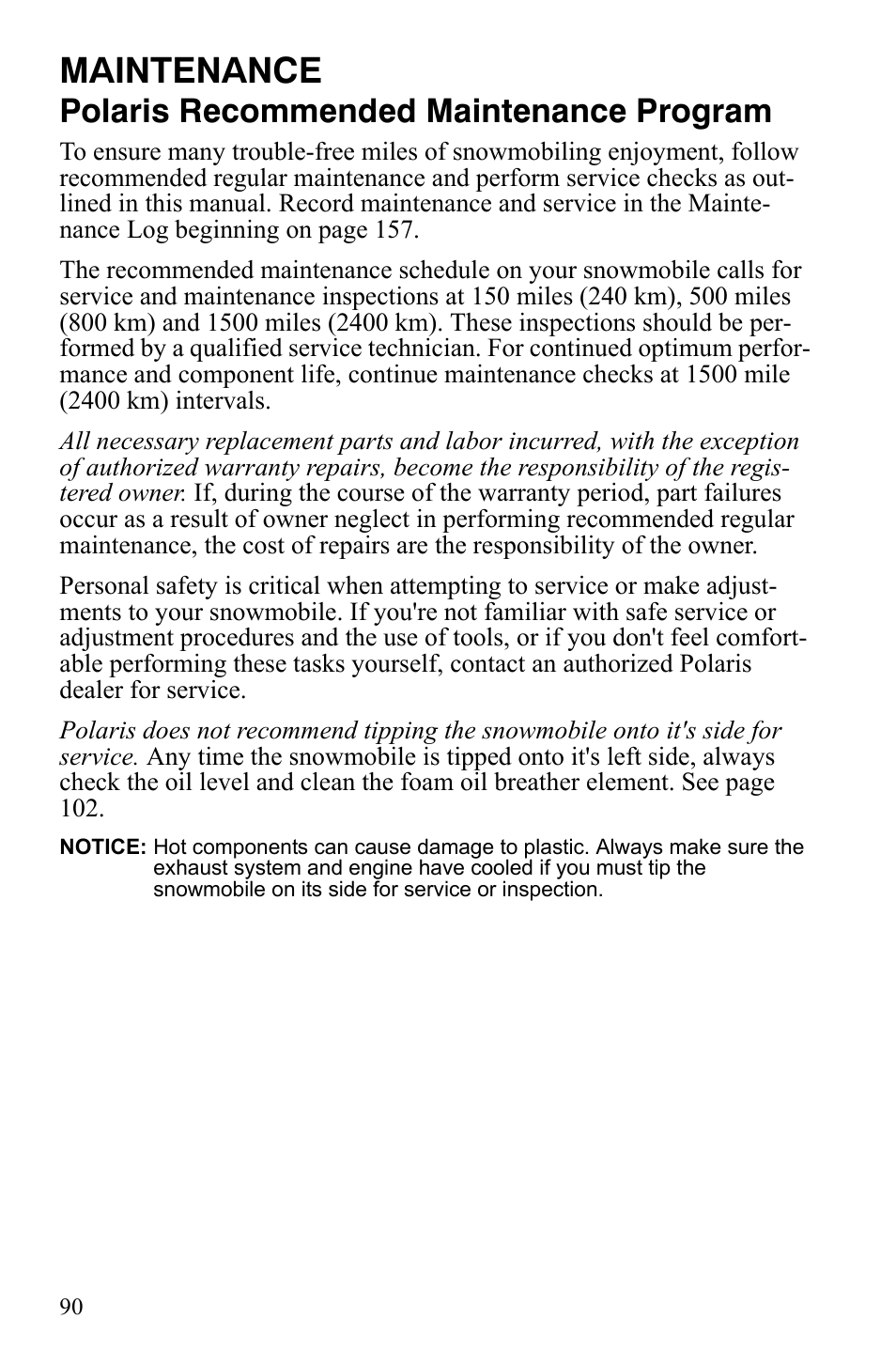 Maintenance, Polaris recommended maintenance program | Polaris FS IQ Touring User Manual | Page 93 / 165