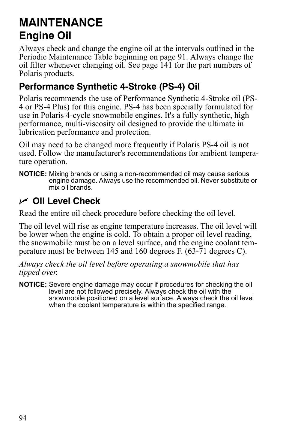 Maintenance, Engine oil | Polaris FS IQ Touring User Manual | Page 97 / 165