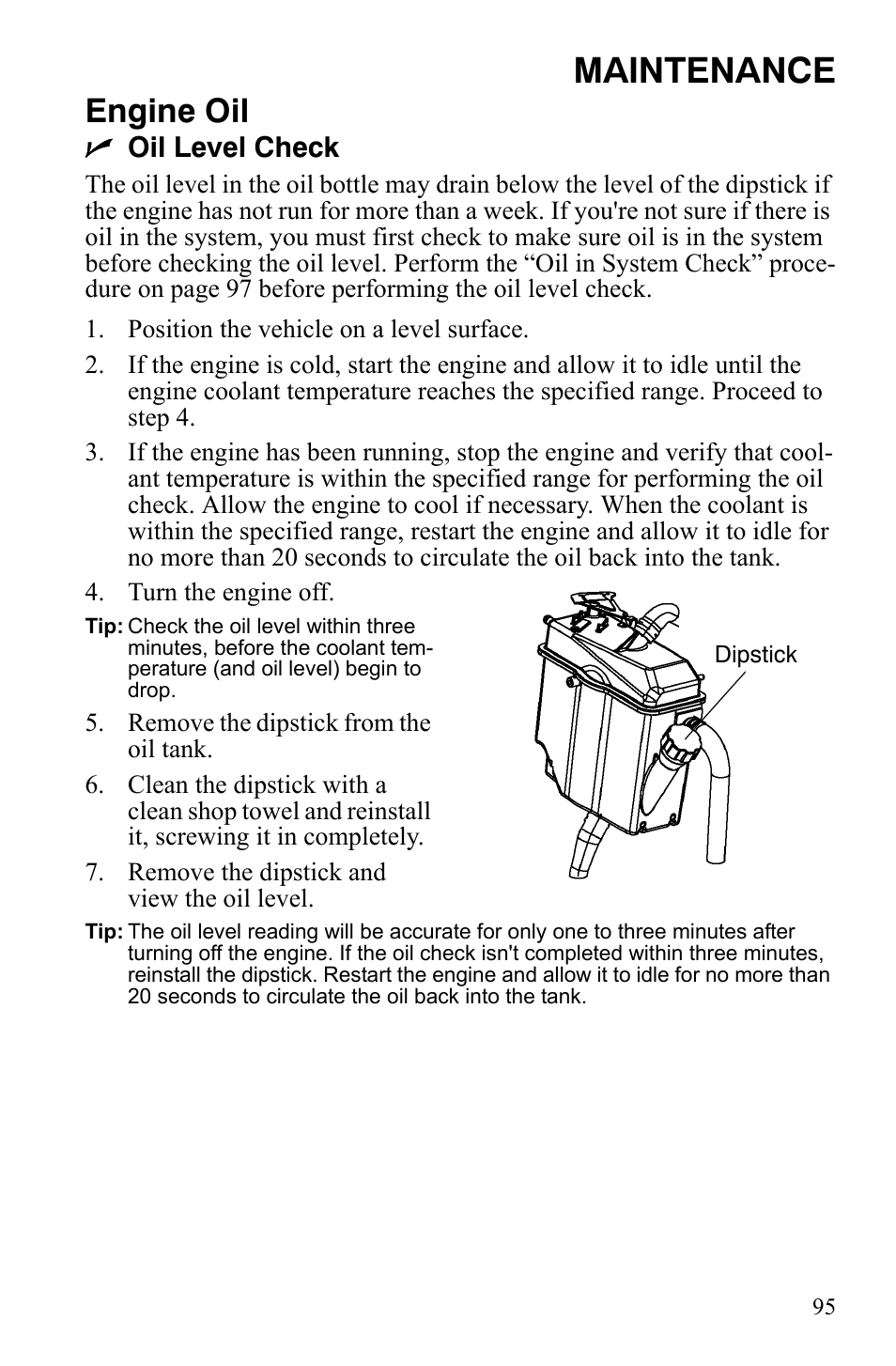 Maintenance, Engine oil, Noil level check | Polaris FS IQ Touring User Manual | Page 98 / 165