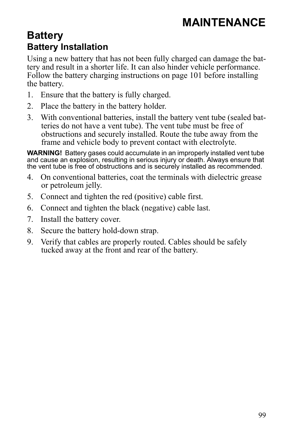 Maintenance, Battery | Polaris Sportsman 9922247 User Manual | Page 103 / 137