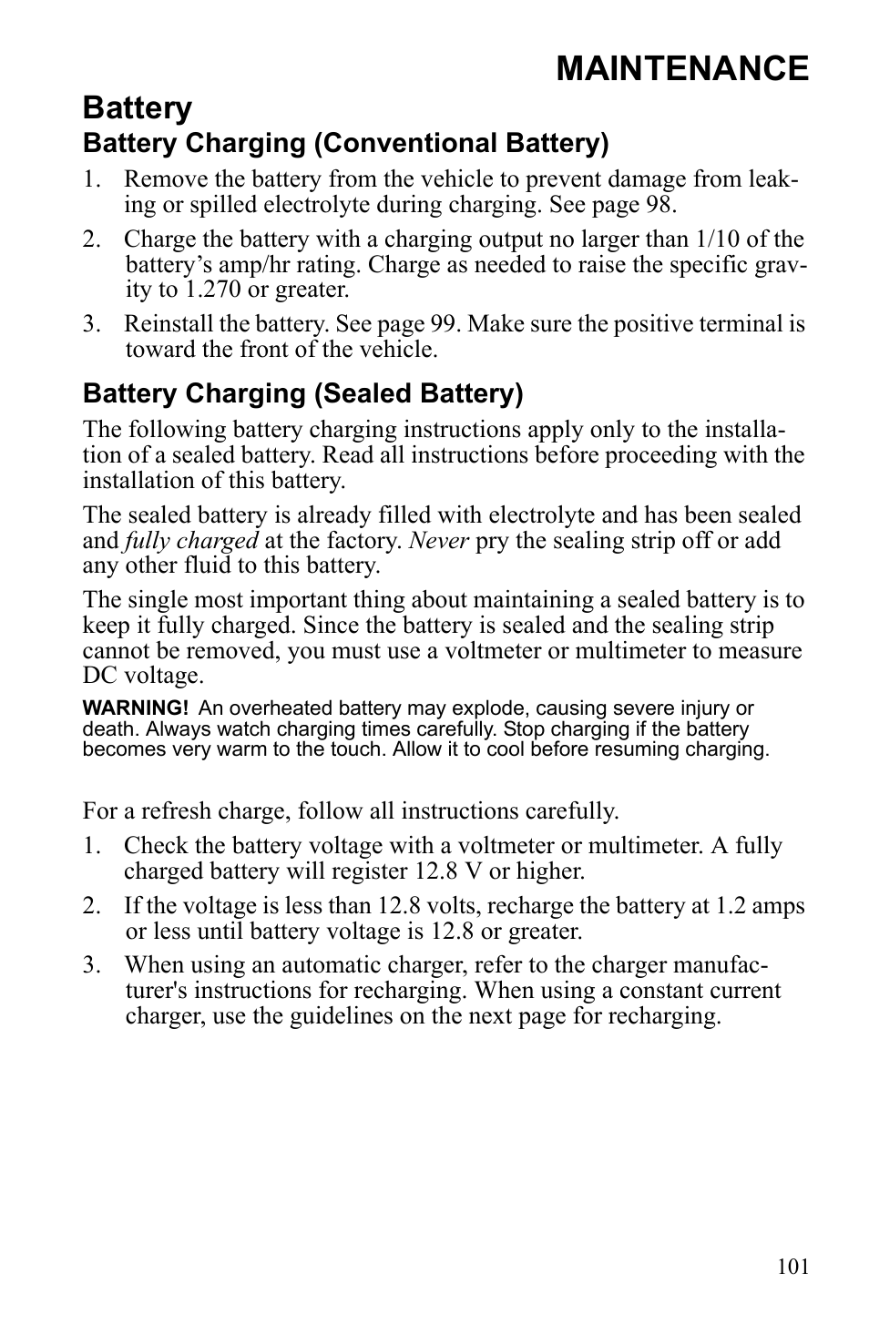 Maintenance, Battery | Polaris Sportsman 9922247 User Manual | Page 105 / 137