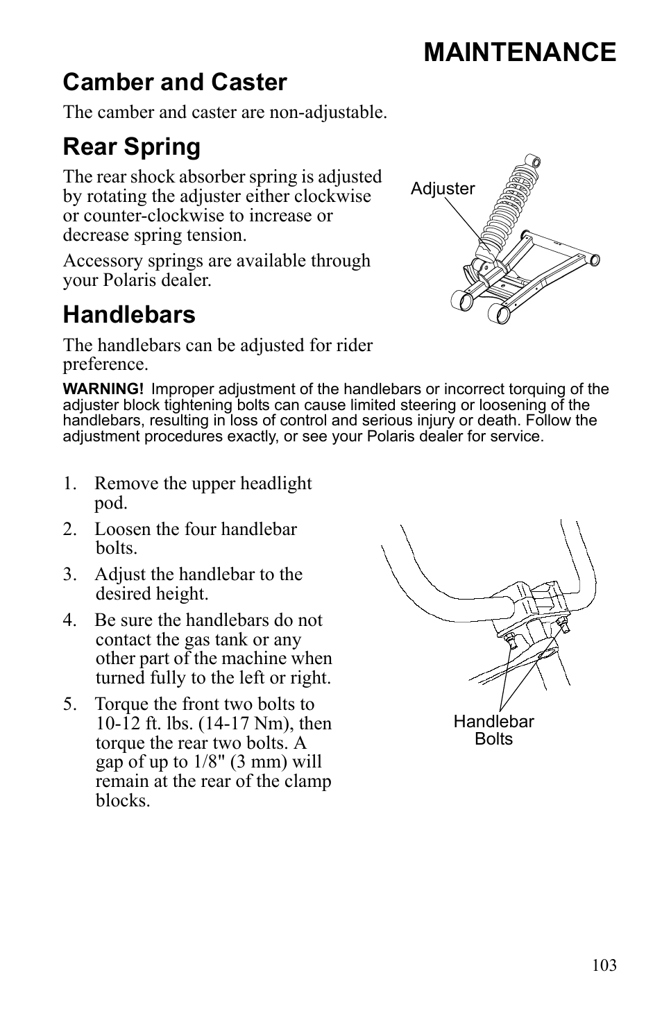 Maintenance, Camber and caster, Rear spring | Handlebars | Polaris Sportsman 9922247 User Manual | Page 107 / 137