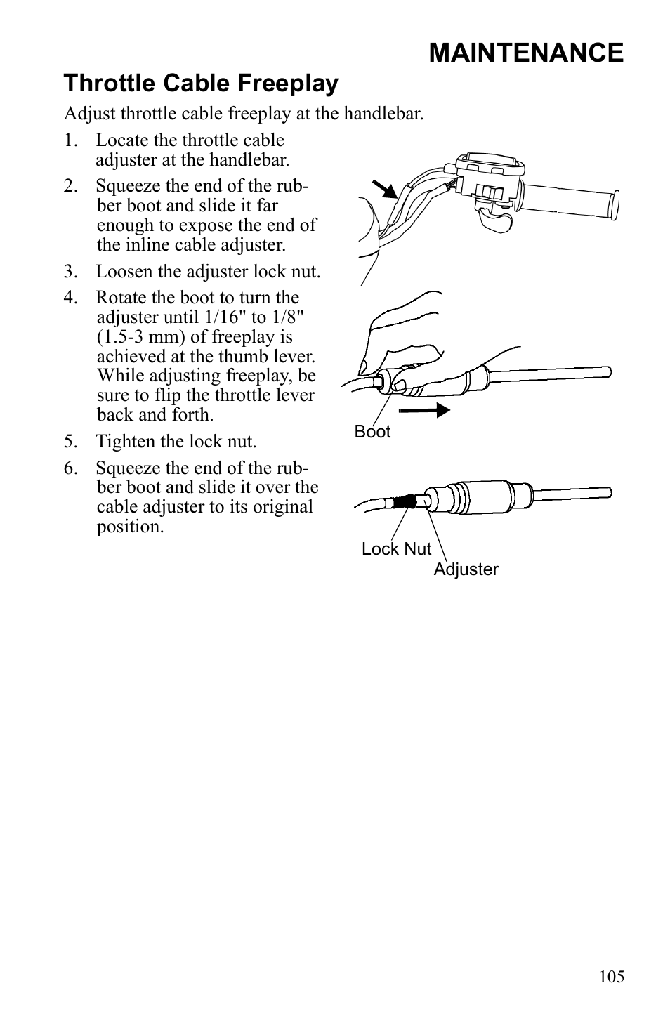 Maintenance, Throttle cable freeplay | Polaris Sportsman 9922247 User Manual | Page 109 / 137