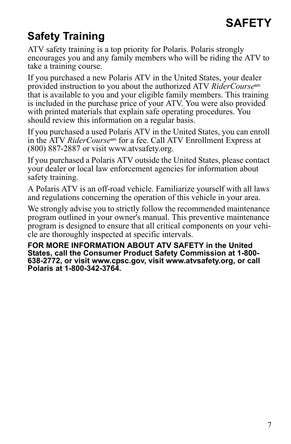Safety, Safety training | Polaris Sportsman 9922247 User Manual | Page 11 / 137