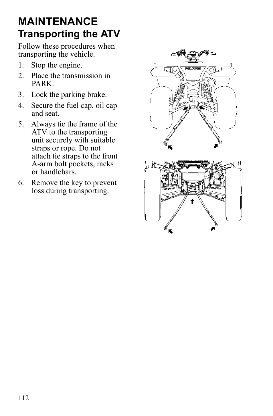 Maintenance, Transporting the atv | Polaris Sportsman 9922247 User Manual | Page 116 / 137