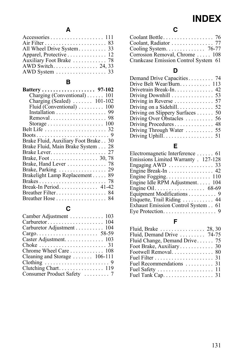Index | Polaris Sportsman 9922247 User Manual | Page 135 / 137