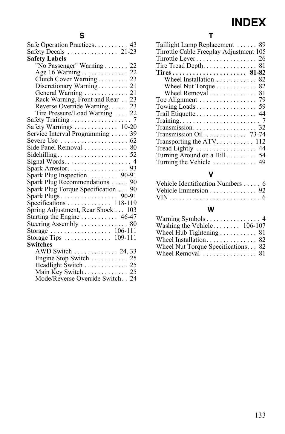 Index | Polaris Sportsman 9922247 User Manual | Page 137 / 137