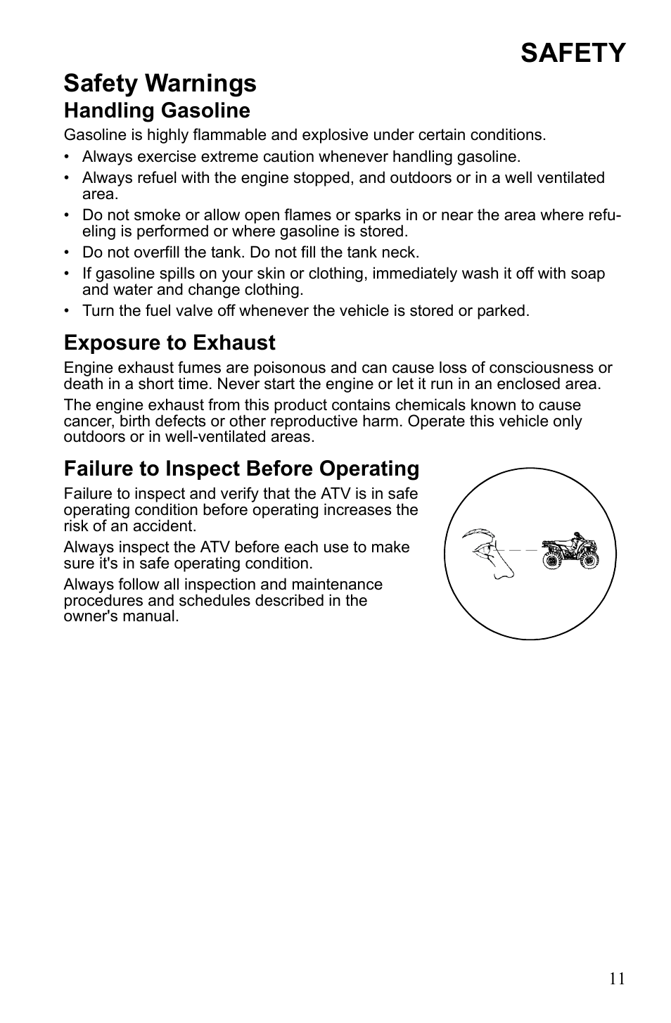 Safety, Safety warnings, Handling gasoline | Exposure to exhaust, Failure to inspect before operating | Polaris Sportsman 9922247 User Manual | Page 15 / 137