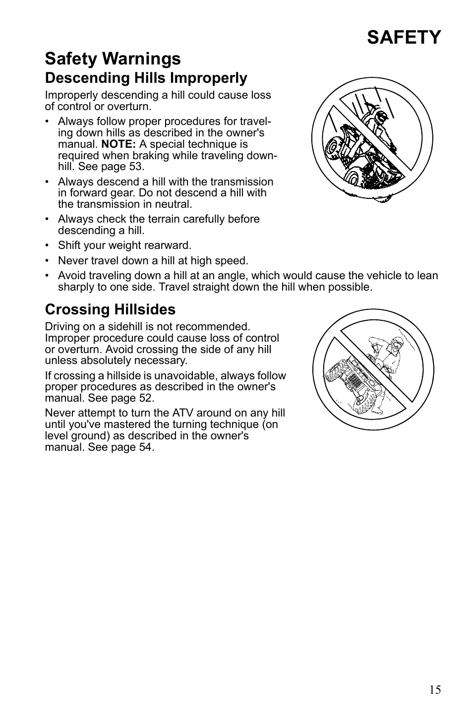 Safety, Safety warnings, Descending hills improperly | Crossing hillsides | Polaris Sportsman 9922247 User Manual | Page 19 / 137