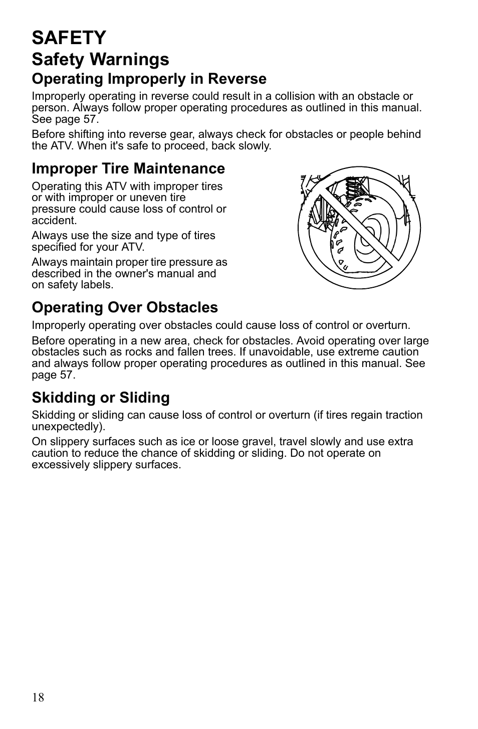 Safety, Safety warnings, Operating improperly in reverse | Improper tire maintenance, Operating over obstacles, Skidding or sliding | Polaris Sportsman 9922247 User Manual | Page 22 / 137