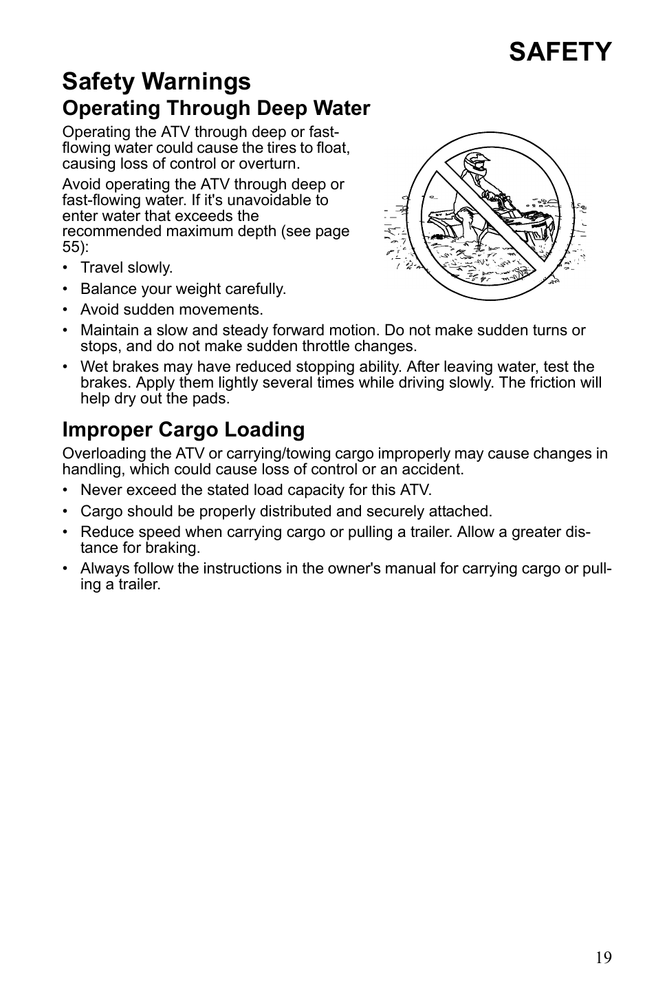 Safety, Safety warnings, Operating through deep water | Improper cargo loading | Polaris Sportsman 9922247 User Manual | Page 23 / 137