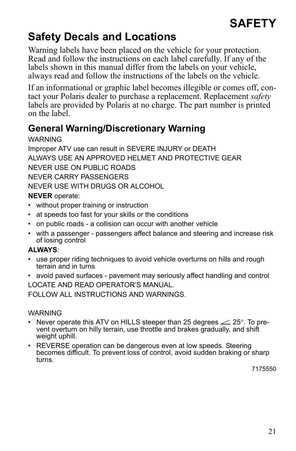 Safety, Safety decals and locations, General warning/discretionary warning | Polaris Sportsman 9922247 User Manual | Page 25 / 137