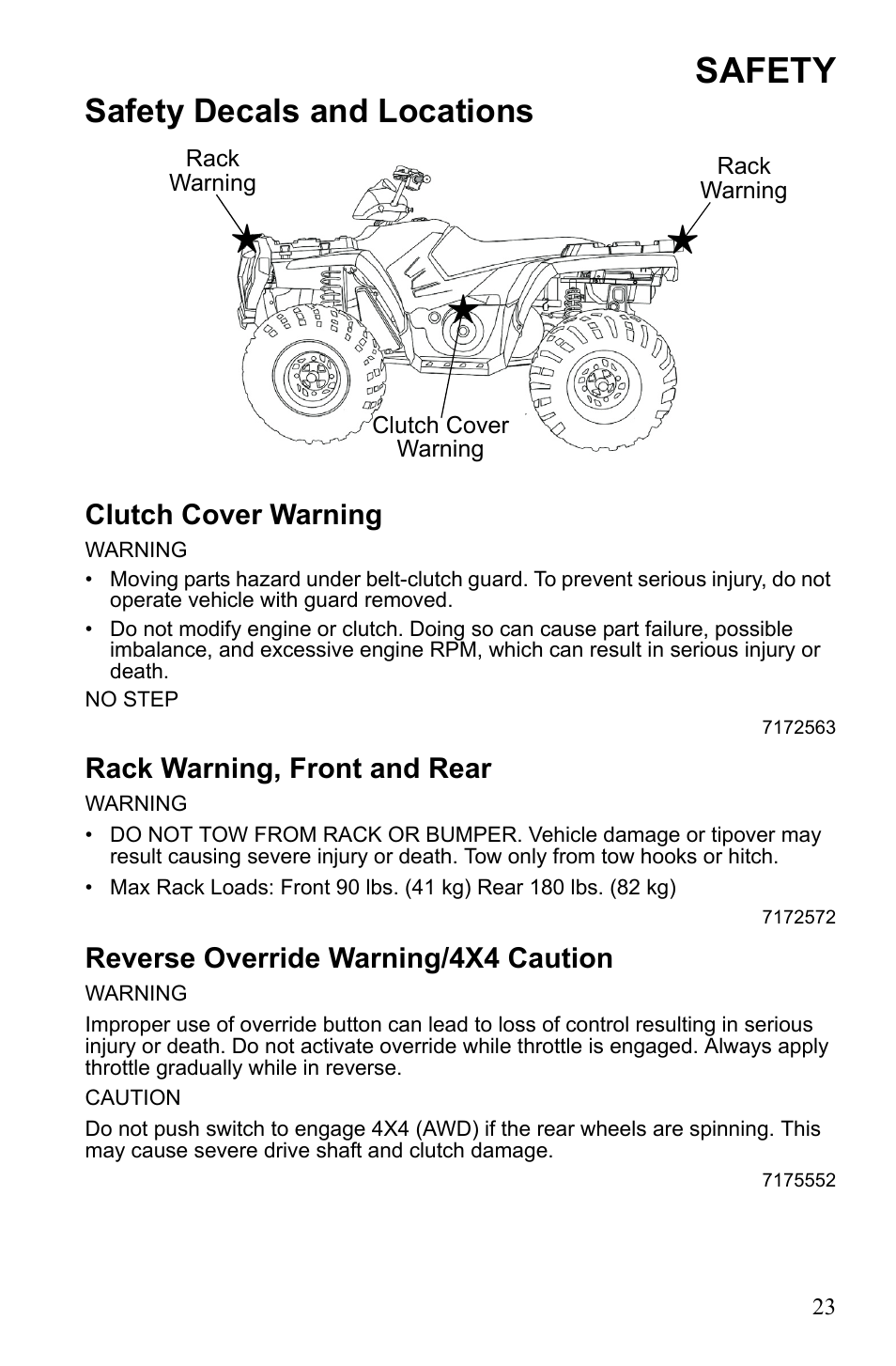 Safety, Safety decals and locations, Clutch cover warning | Rack warning, front and rear, Reverse override warning/4x4 caution | Polaris Sportsman 9922247 User Manual | Page 27 / 137