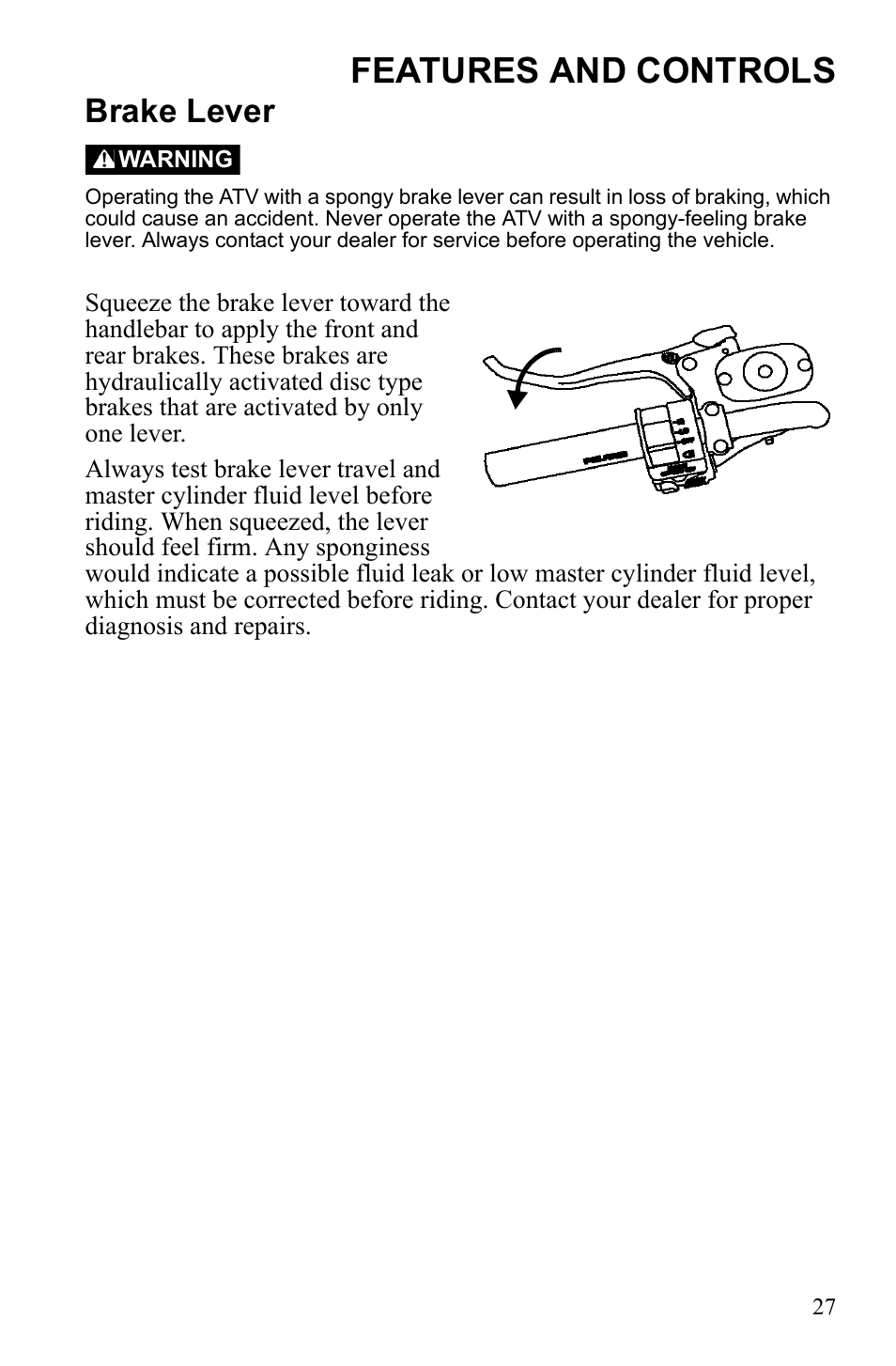Features and controls, Brake lever | Polaris Sportsman 9922247 User Manual | Page 31 / 137