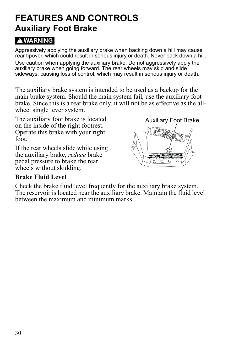 Features and controls, Auxiliary foot brake | Polaris Sportsman 9922247 User Manual | Page 34 / 137