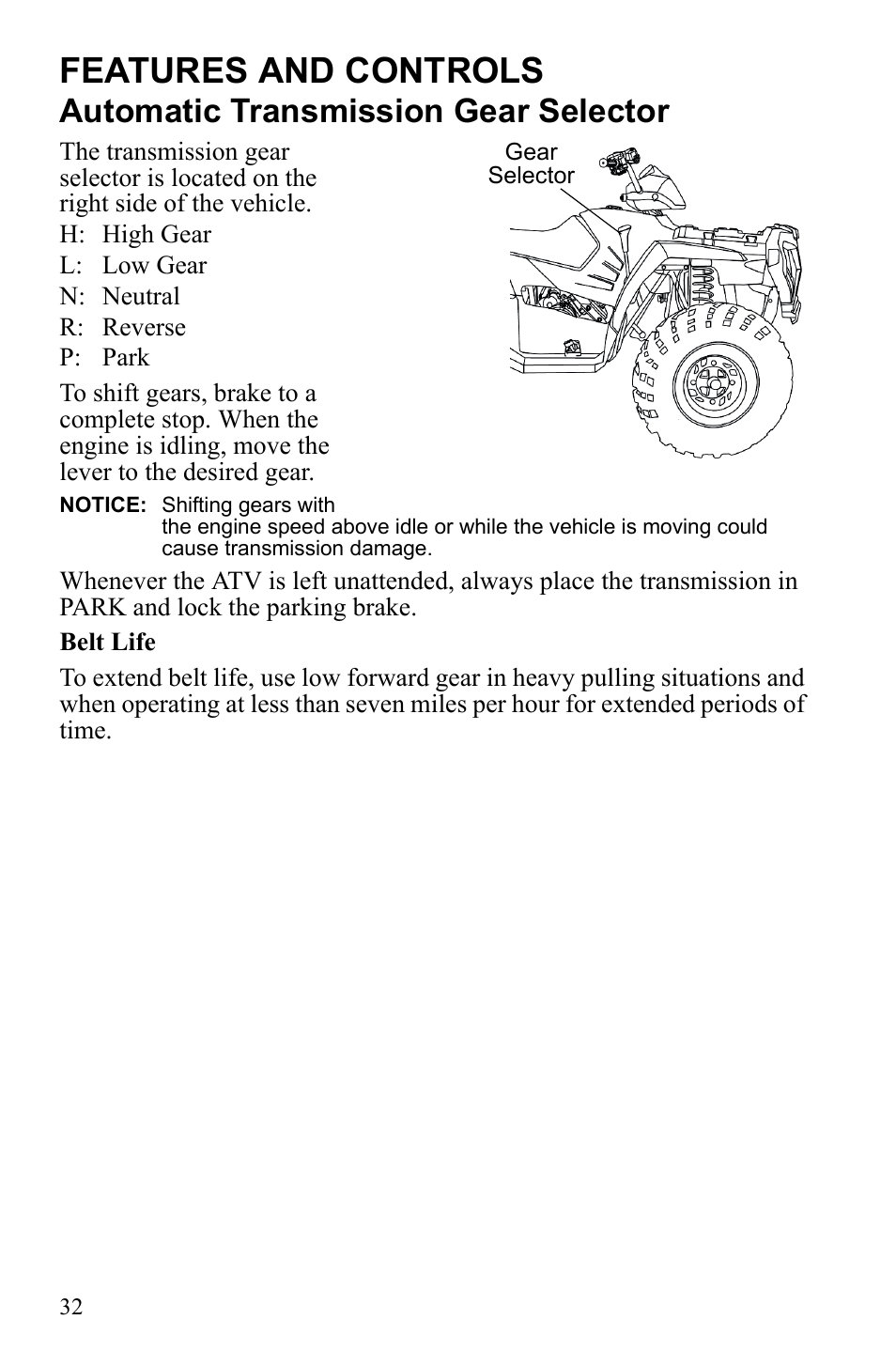 Features and controls, Automatic transmission gear selector | Polaris Sportsman 9922247 User Manual | Page 36 / 137