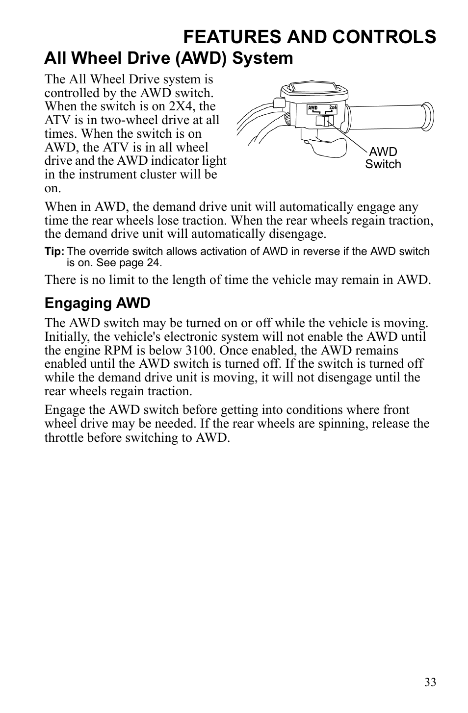 Features and controls, All wheel drive (awd) system | Polaris Sportsman 9922247 User Manual | Page 37 / 137