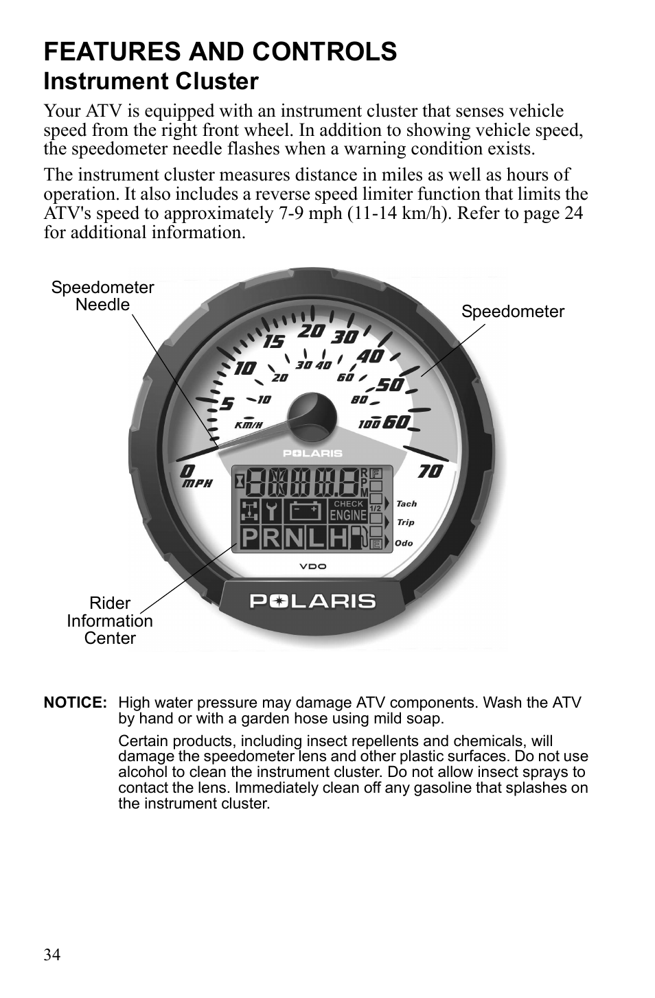 Features and controls, Instrument cluster | Polaris Sportsman 9922247 User Manual | Page 38 / 137