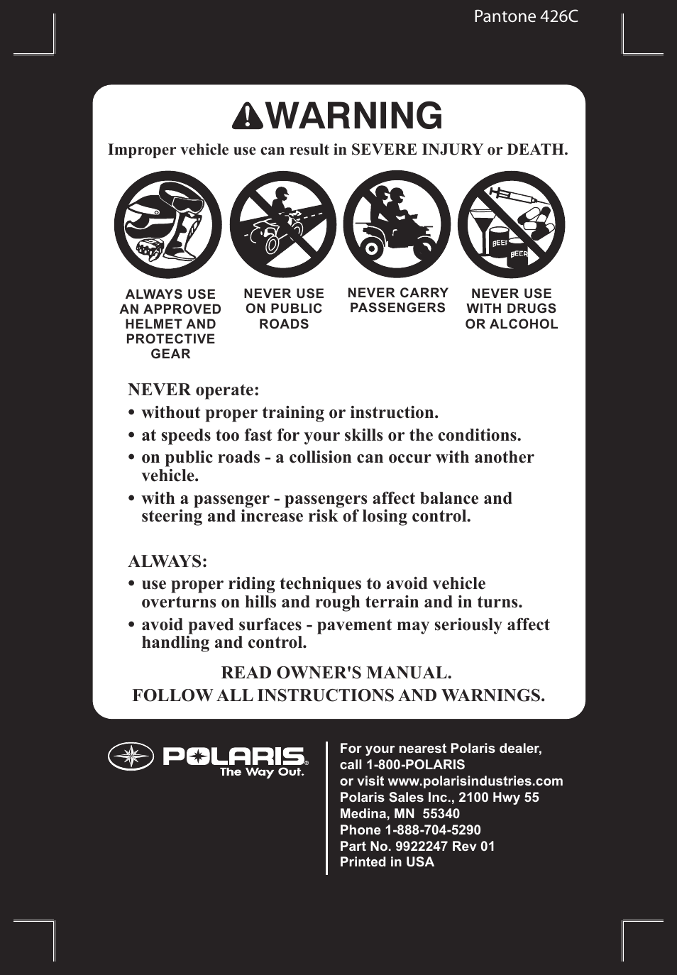 Warning | Polaris Sportsman 9922247 User Manual | Page 4 / 137