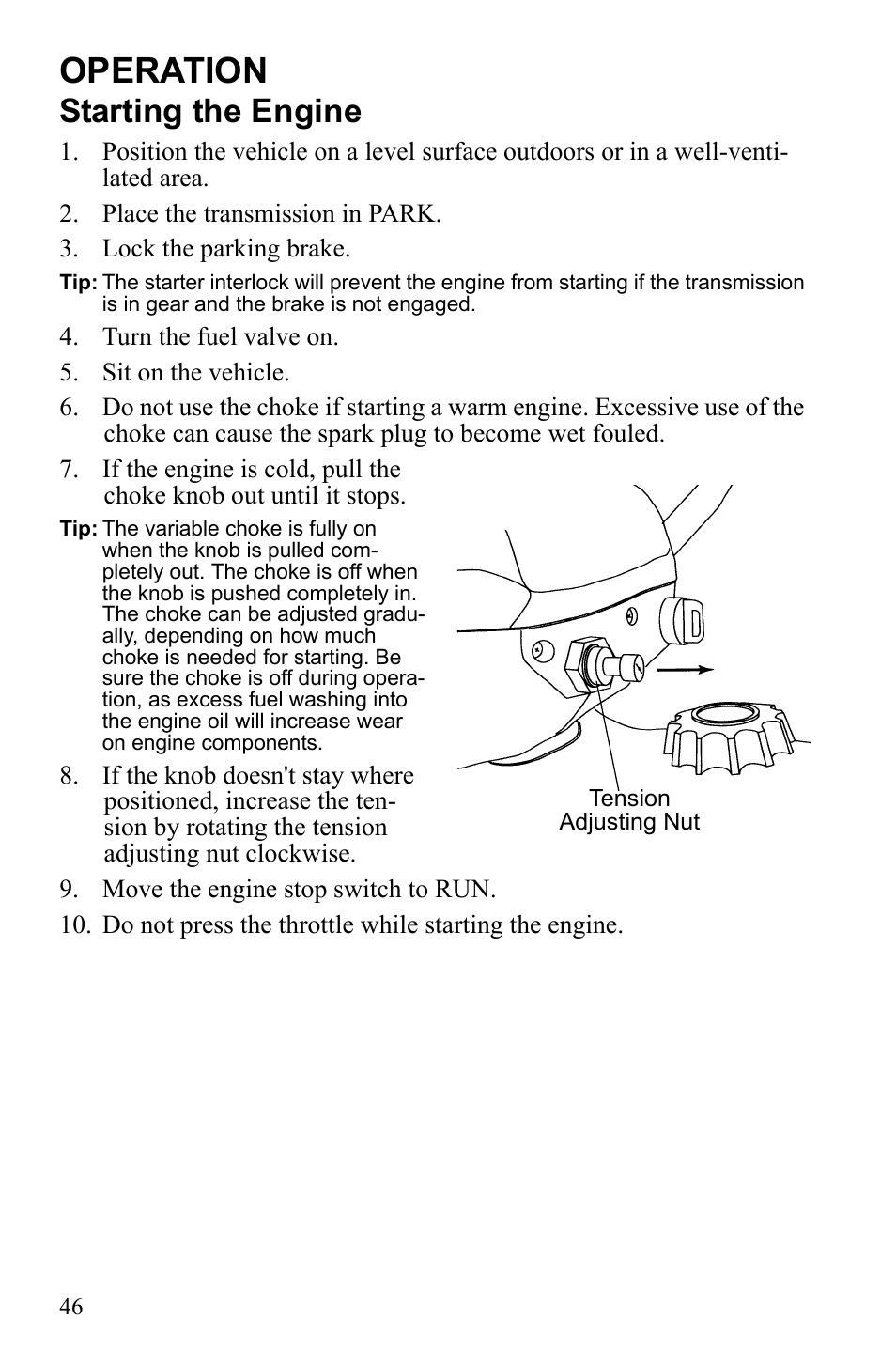 Operation, Starting the engine | Polaris Sportsman 9922247 User Manual | Page 50 / 137