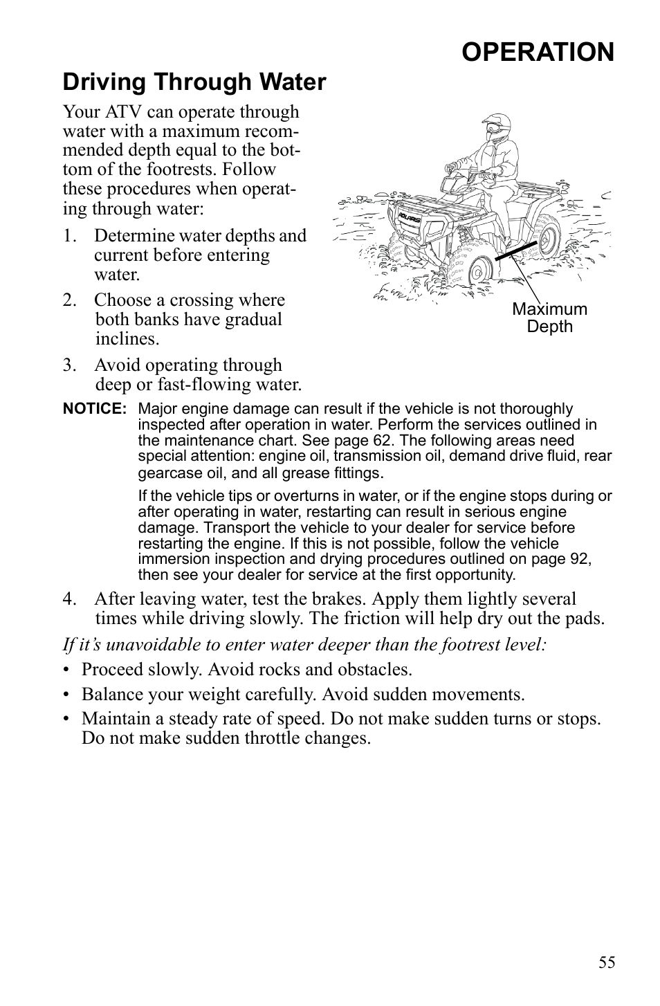 Operation, Driving through water | Polaris Sportsman 9922247 User Manual | Page 59 / 137