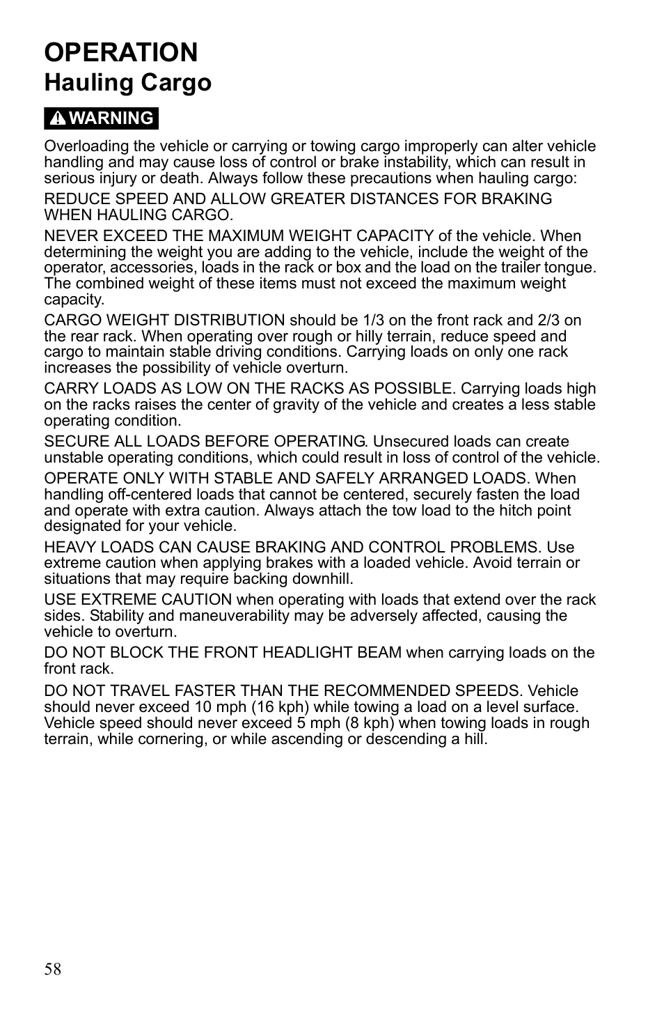 Operation, Hauling cargo | Polaris Sportsman 9922247 User Manual | Page 62 / 137