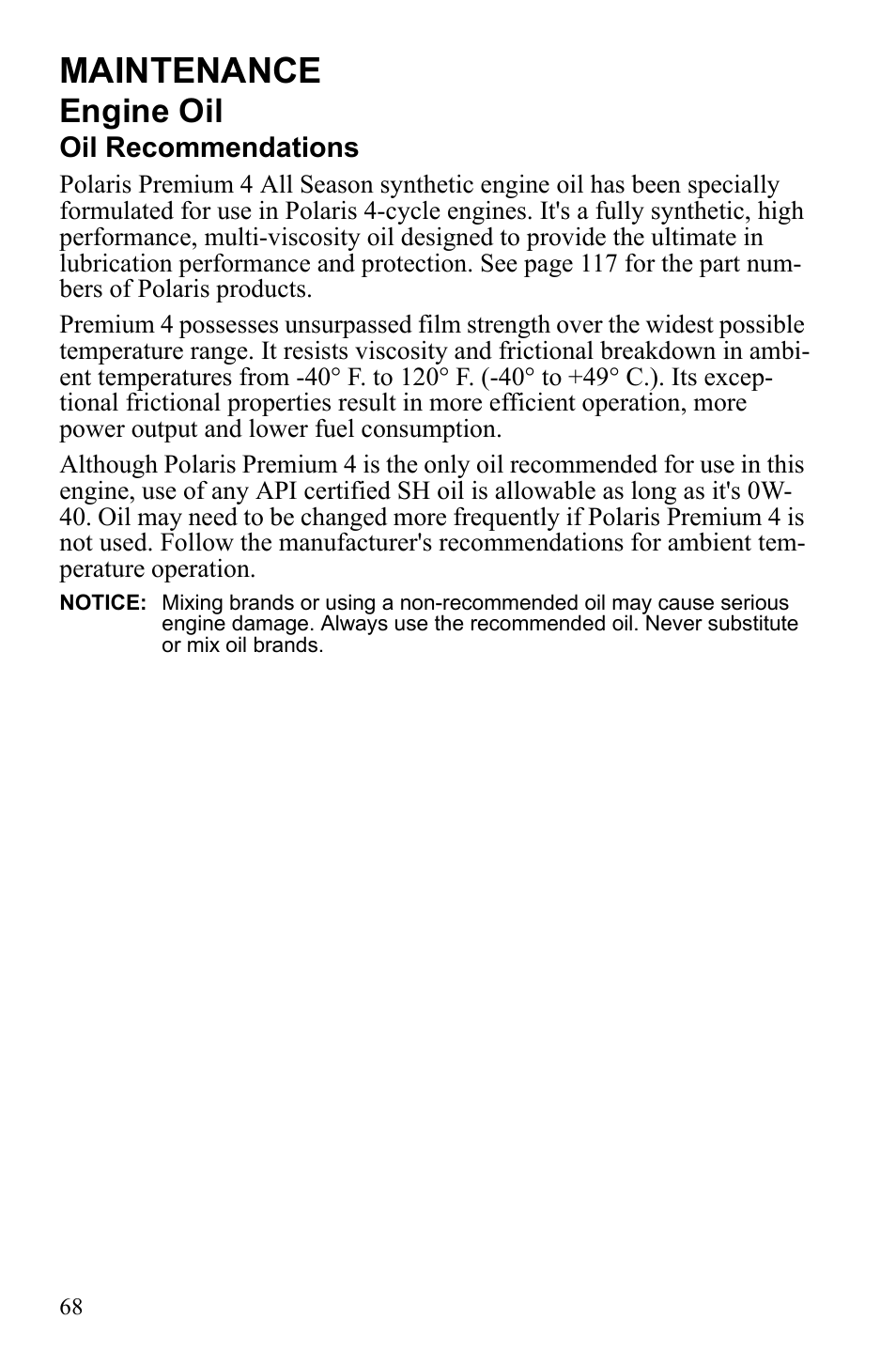 Maintenance, Engine oil | Polaris Sportsman 9922247 User Manual | Page 72 / 137
