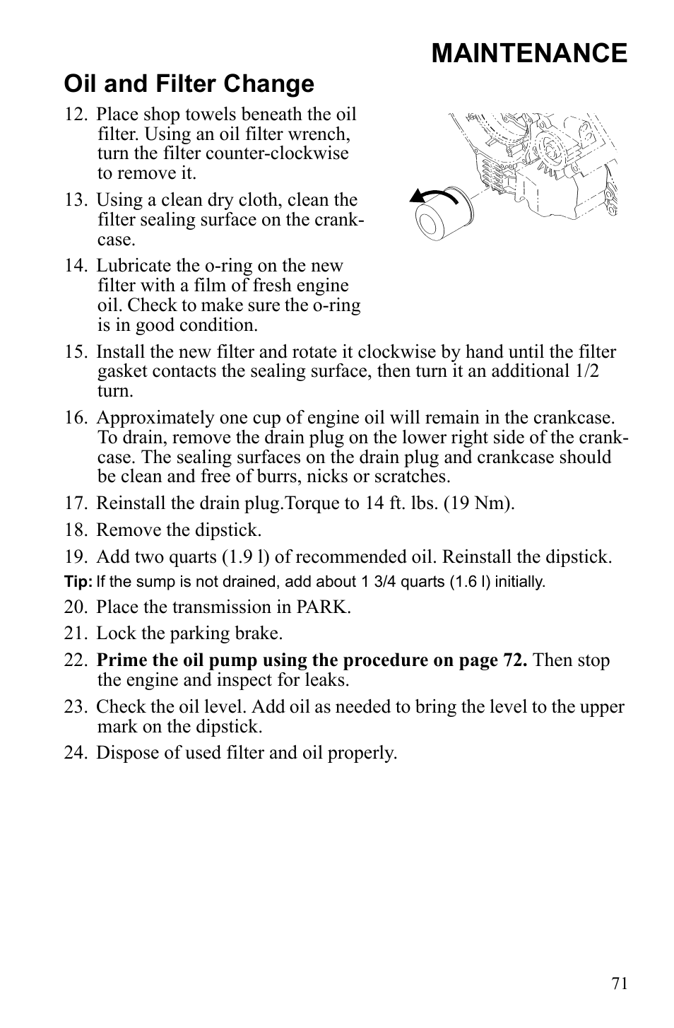 Maintenance, Oil and filter change | Polaris Sportsman 9922247 User Manual | Page 75 / 137