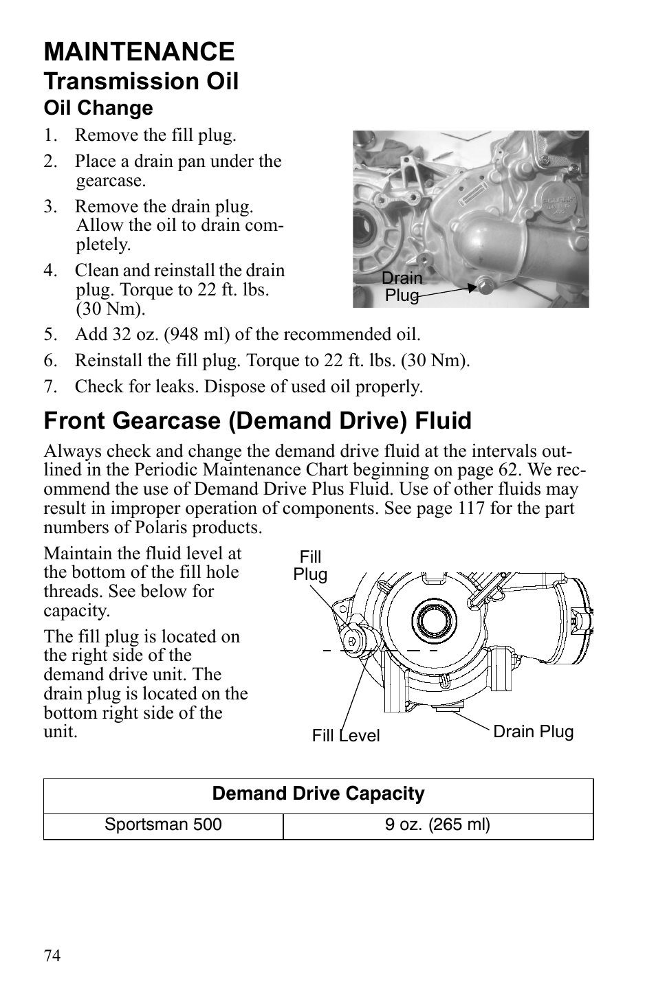 Maintenance, Transmission oil, Front gearcase (demand drive) fluid | Polaris Sportsman 9922247 User Manual | Page 78 / 137