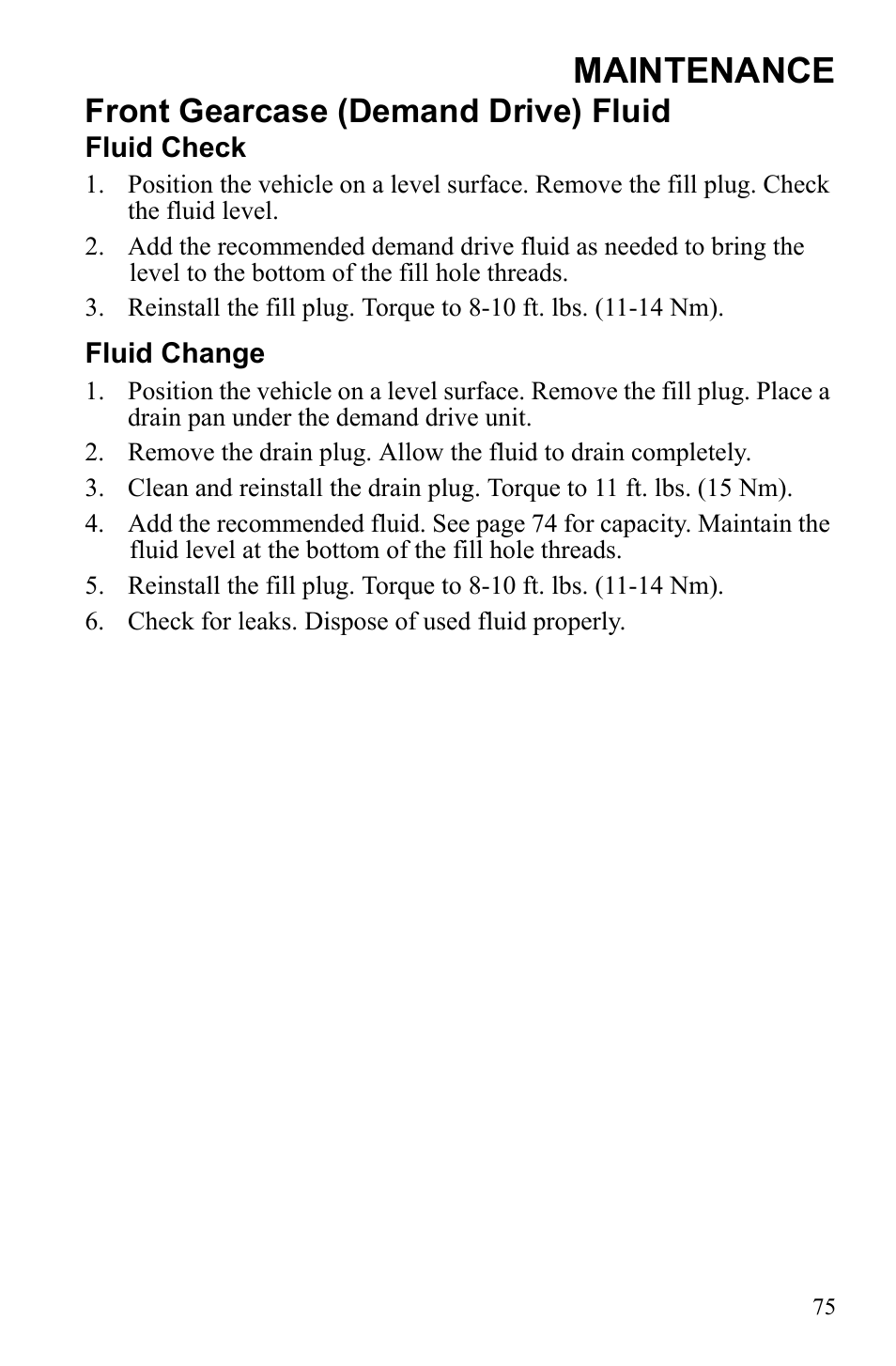 Maintenance, Front gearcase (demand drive) fluid | Polaris Sportsman 9922247 User Manual | Page 79 / 137