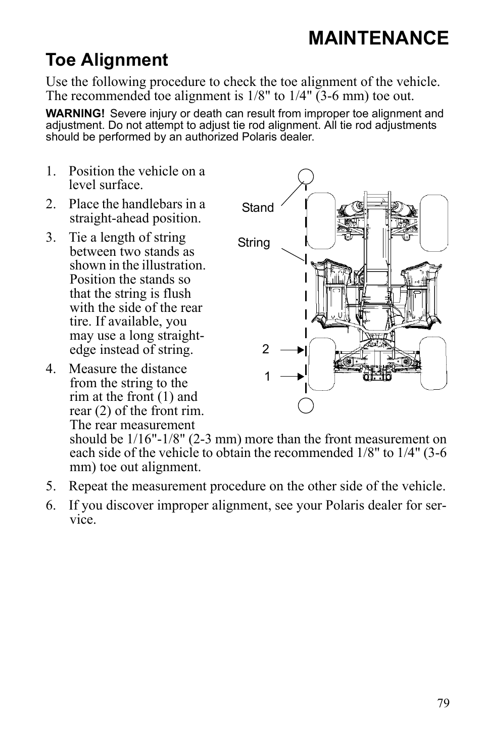 Maintenance, Toe alignment | Polaris Sportsman 9922247 User Manual | Page 83 / 137