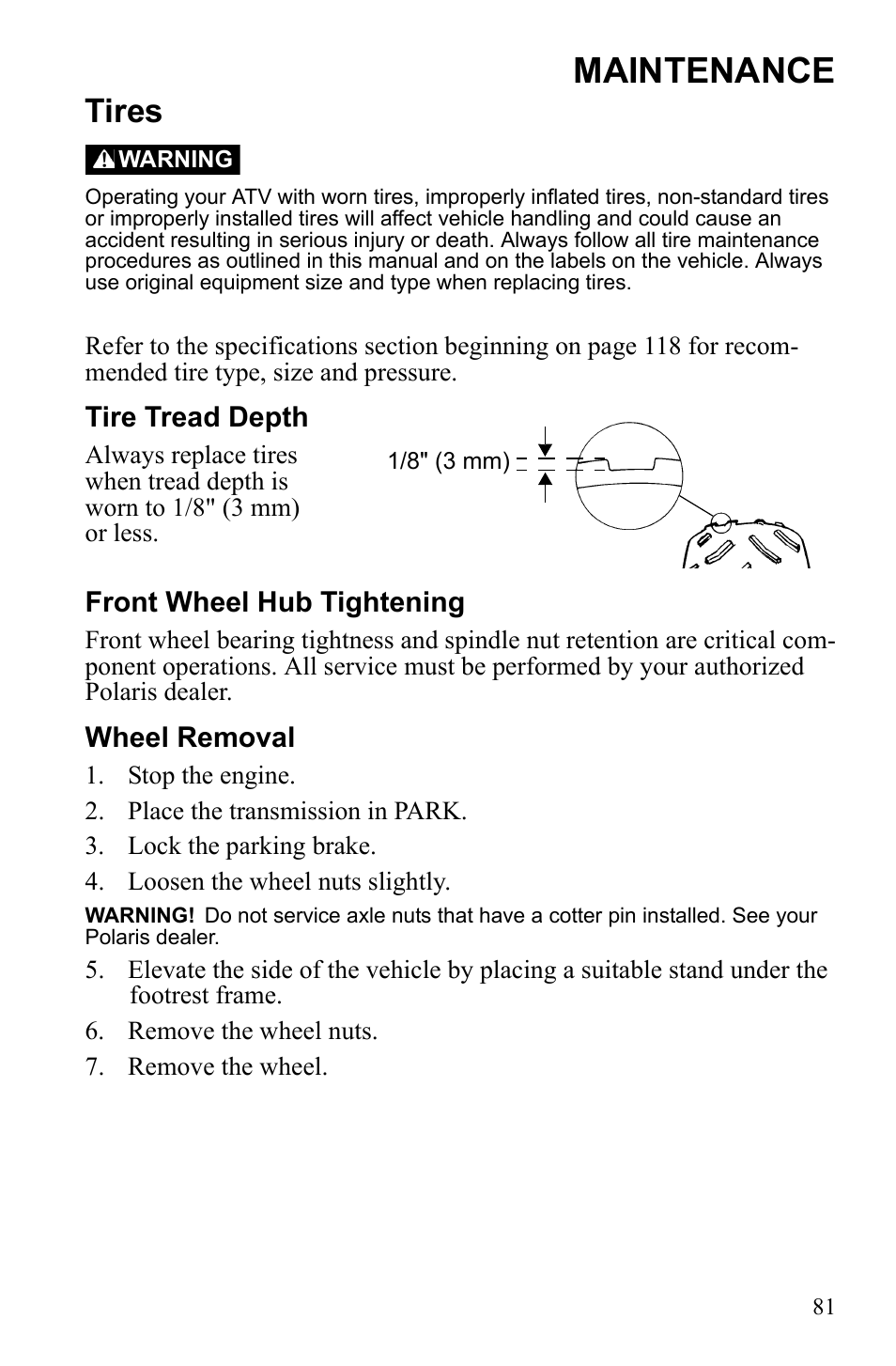 Maintenance, Tires, Tire tread depth | Front wheel hub tightening, Wheel removal | Polaris Sportsman 9922247 User Manual | Page 85 / 137