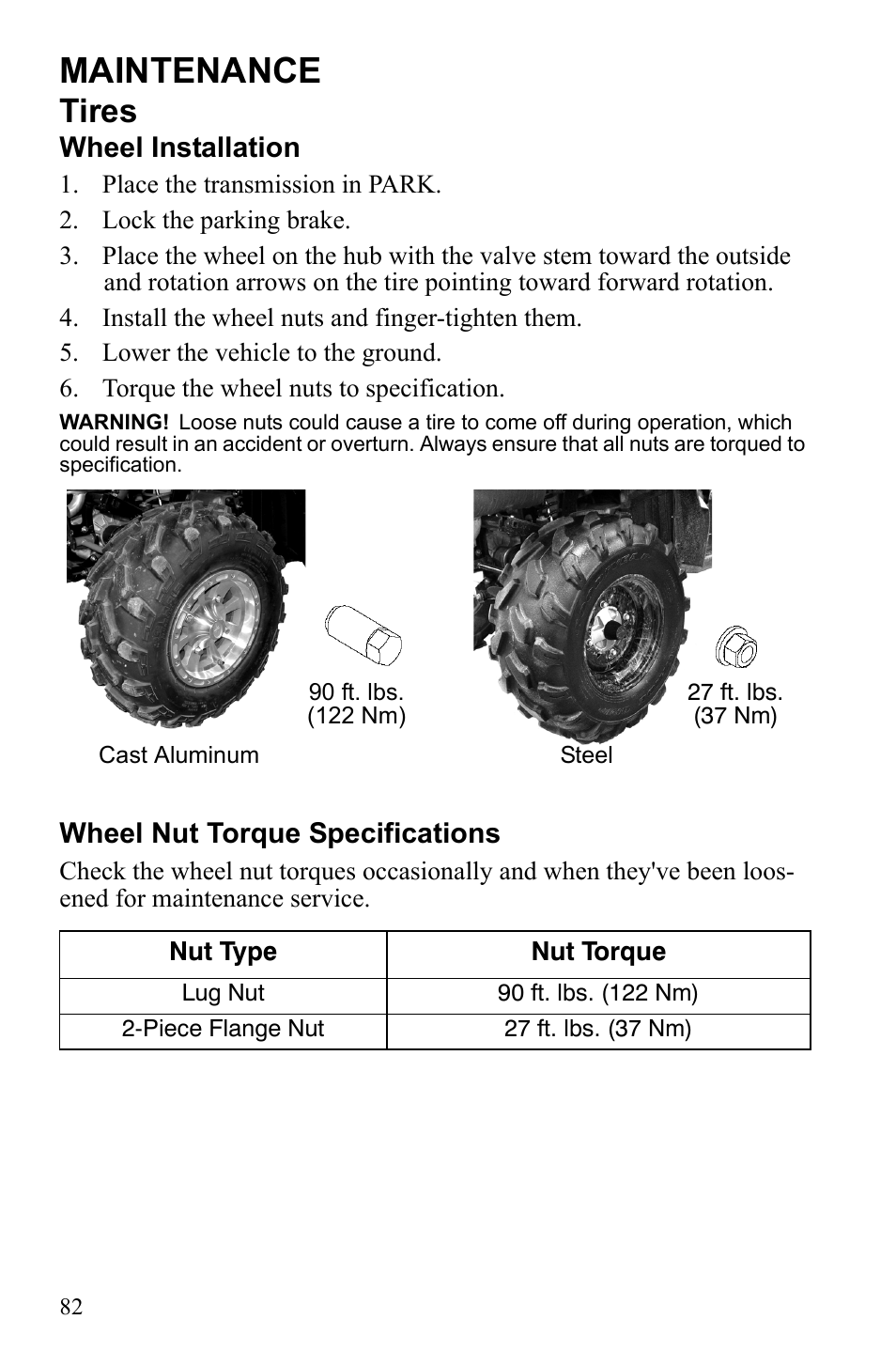 Maintenance, Tires, Wheel installation | Wheel nut torque specifications | Polaris Sportsman 9922247 User Manual | Page 86 / 137