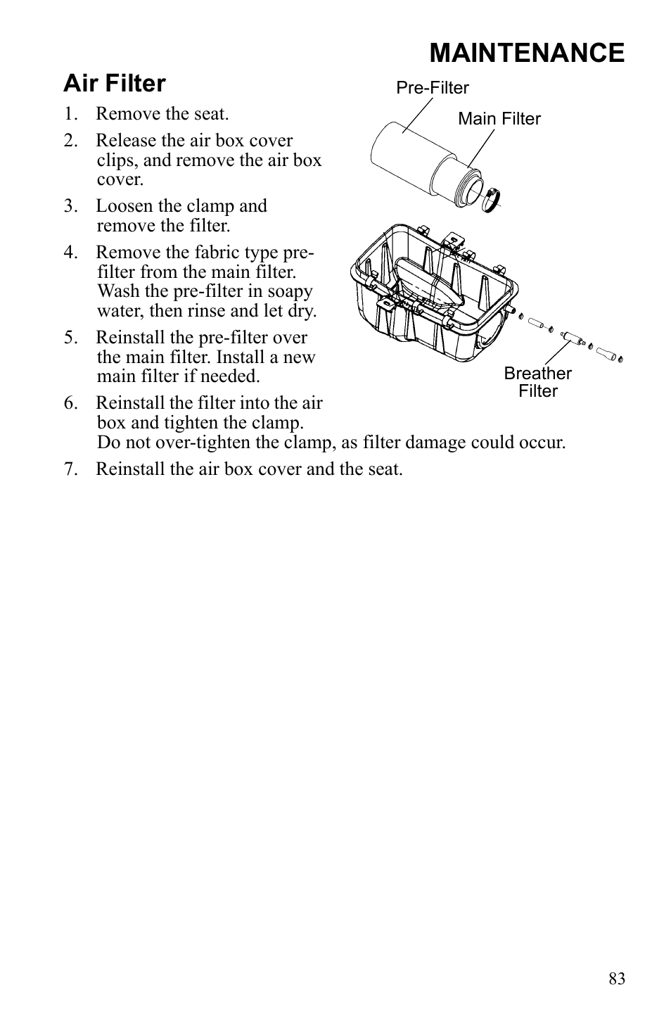 Maintenance, Air filter | Polaris Sportsman 9922247 User Manual | Page 87 / 137
