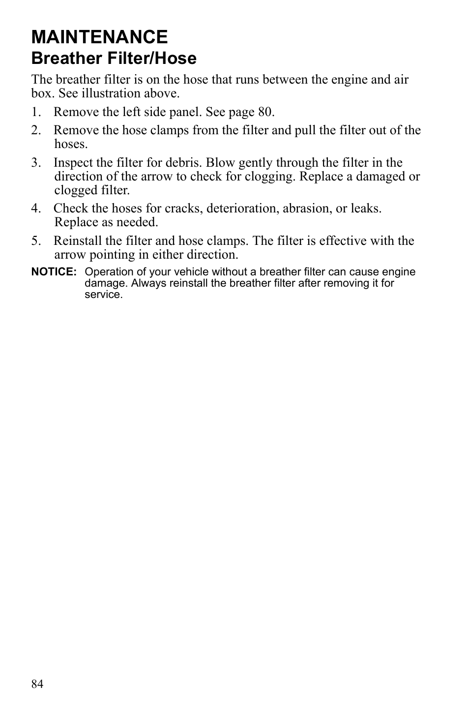 Maintenance, Breather filter/hose | Polaris Sportsman 9922247 User Manual | Page 88 / 137