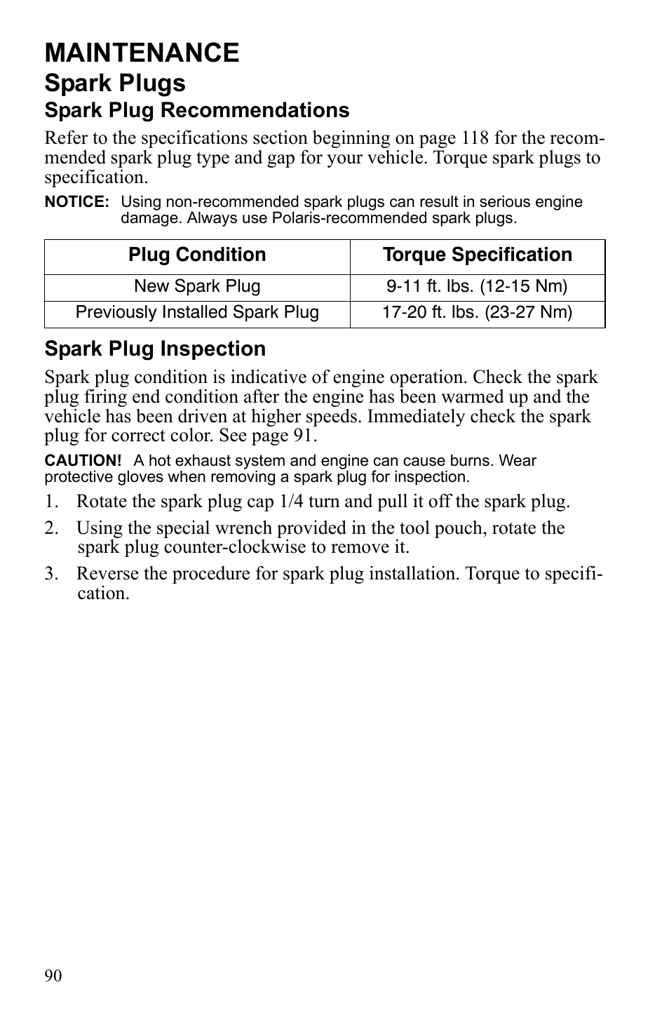 Maintenance, Spark plugs | Polaris Sportsman 9922247 User Manual | Page 94 / 137