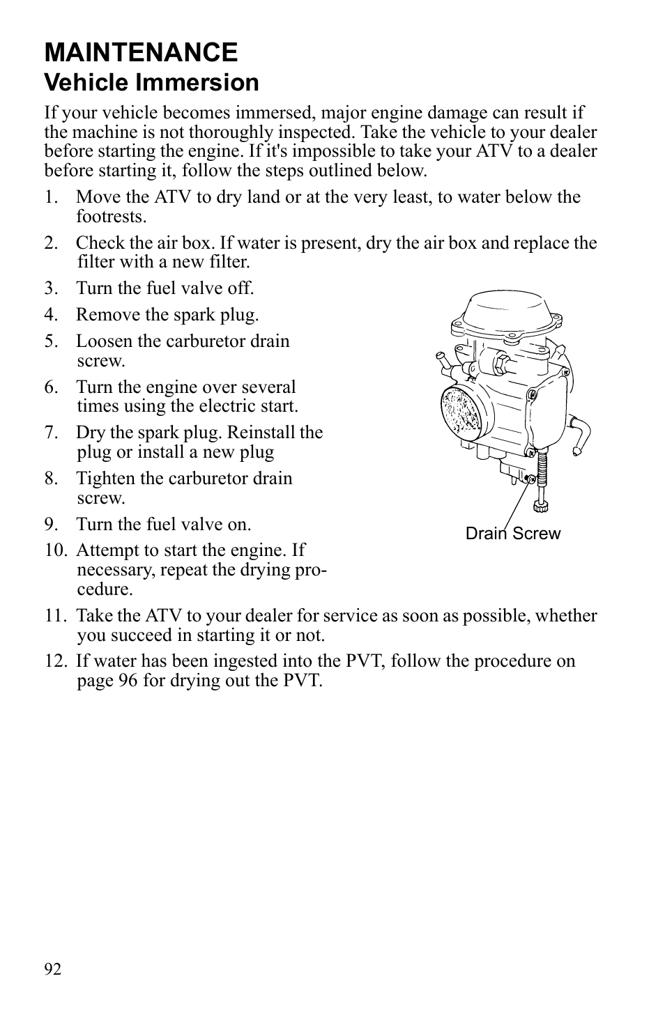 Maintenance, Vehicle immersion | Polaris Sportsman 9922247 User Manual | Page 96 / 137