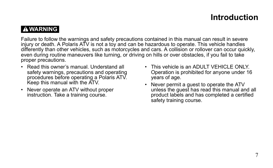 Introduction | Polaris Outlaw 9922483 User Manual | Page 11 / 210