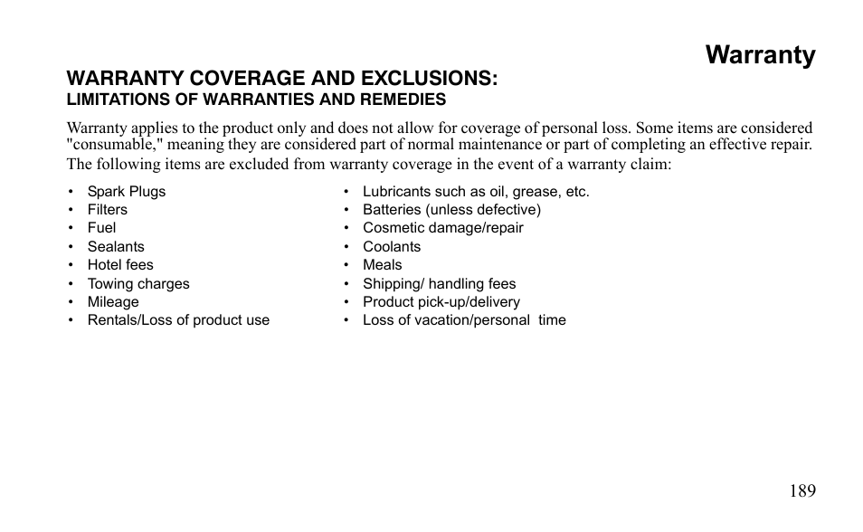 Warranty, Warranty coverage and exclusions | Polaris Outlaw 9922483 User Manual | Page 193 / 210