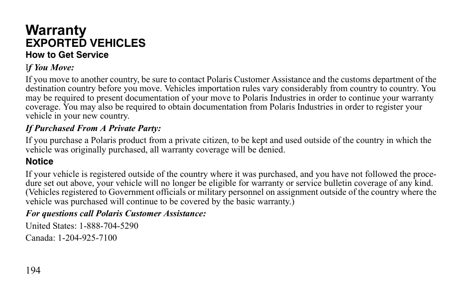 Warranty | Polaris Outlaw 9922483 User Manual | Page 198 / 210