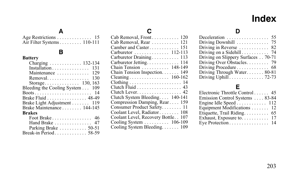 Index | Polaris Outlaw 9922483 User Manual | Page 207 / 210