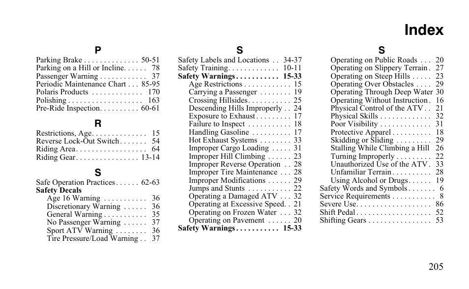 Index | Polaris Outlaw 9922483 User Manual | Page 209 / 210