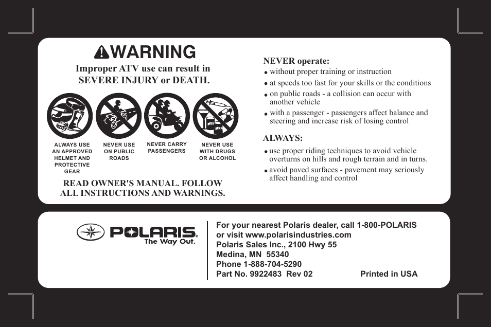 Warning | Polaris Outlaw 9922483 User Manual | Page 4 / 210