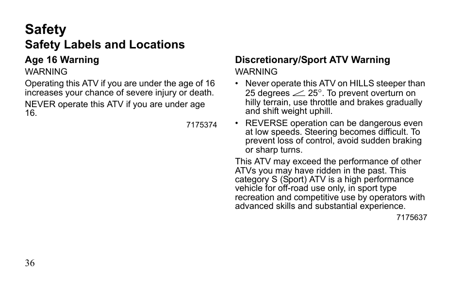 Safety, Safety labels and locations | Polaris Outlaw 9922483 User Manual | Page 40 / 210